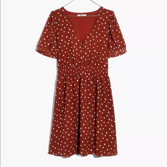 NWT Madewell Smocked Waist Mini Dress Inkspot Dots Brown Polka Dot Pinup Small - Picture 7 of 16